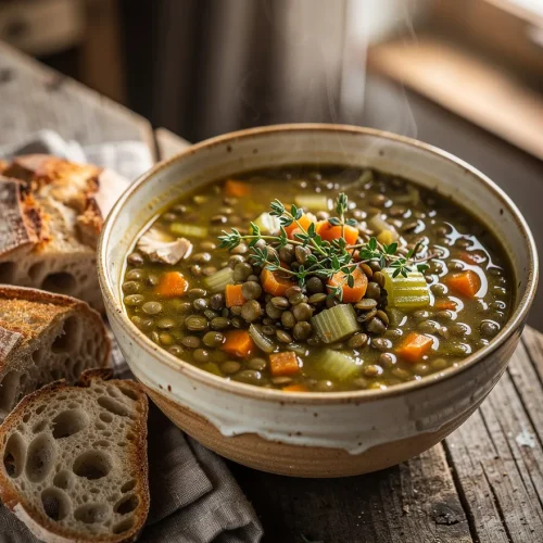 Rustic French lentil soup with green lentils, carrots, celery, and fresh thyme served in a ceramic bowl with slices of crusty bread.