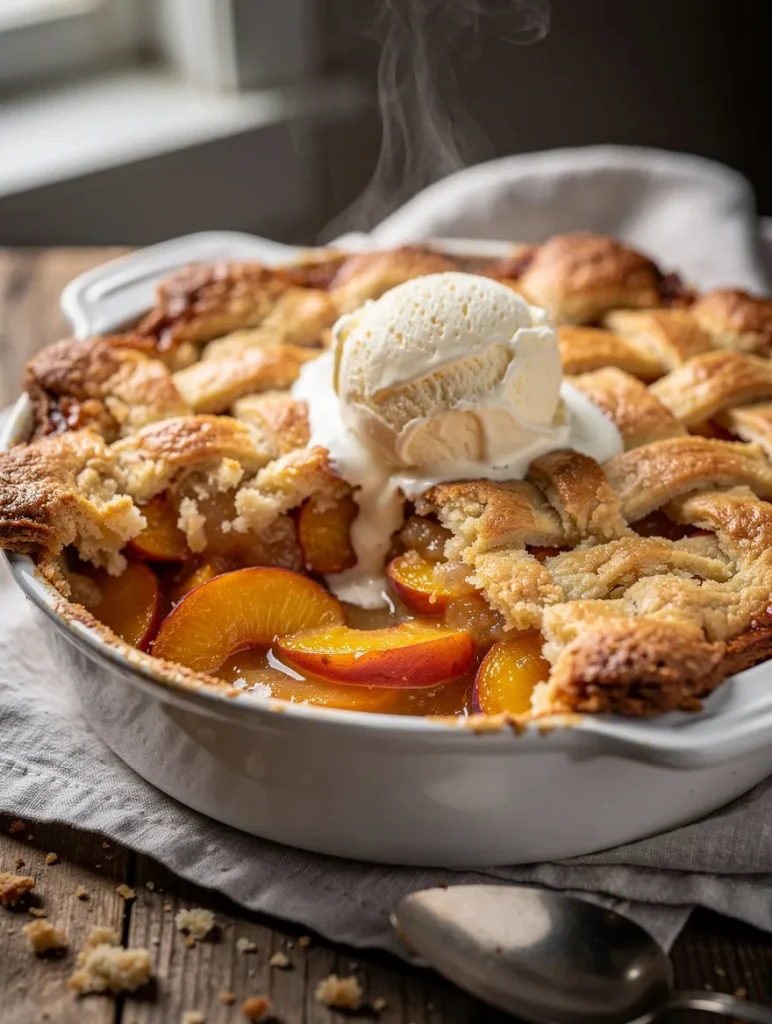 Fresh Peach Cobbler with a flaky lattice crust, juicy peach filling, and a scoop of vanilla ice cream.