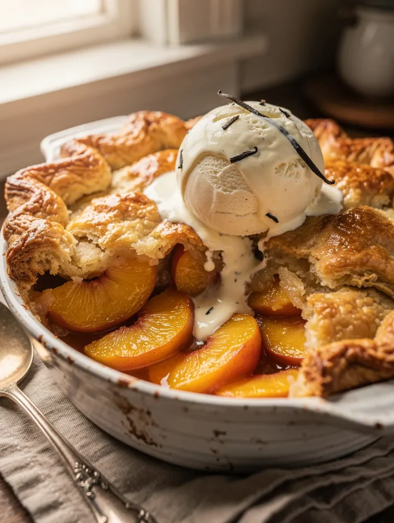 Fresh Peach Cobbler with juicy peach slices, flaky golden crust, and vanilla bean ice cream melting on top.