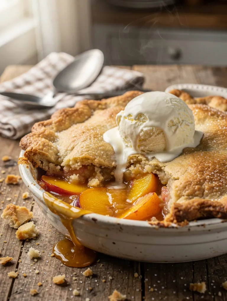 Fresh Peach Cobbler baked in a rustic dish with juicy peaches and a scoop of vanilla ice cream on top.