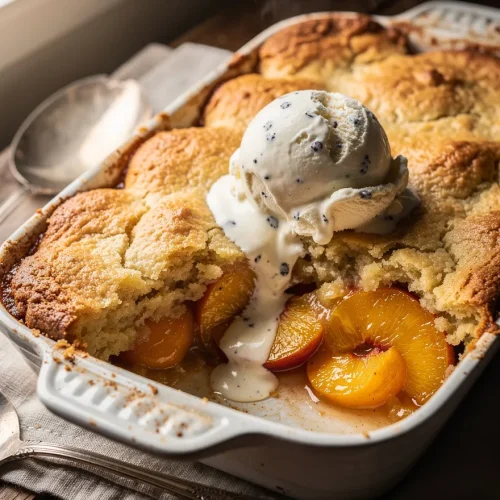 Fresh Peach Cobbler with golden biscuit topping and vanilla bean ice cream melting over warm peaches.