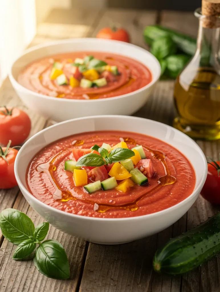Two bowls of homemade gazpacho topped with diced cucumber, tomatoes, yellow bell peppers, fresh basil, and a drizzle of olive oil.