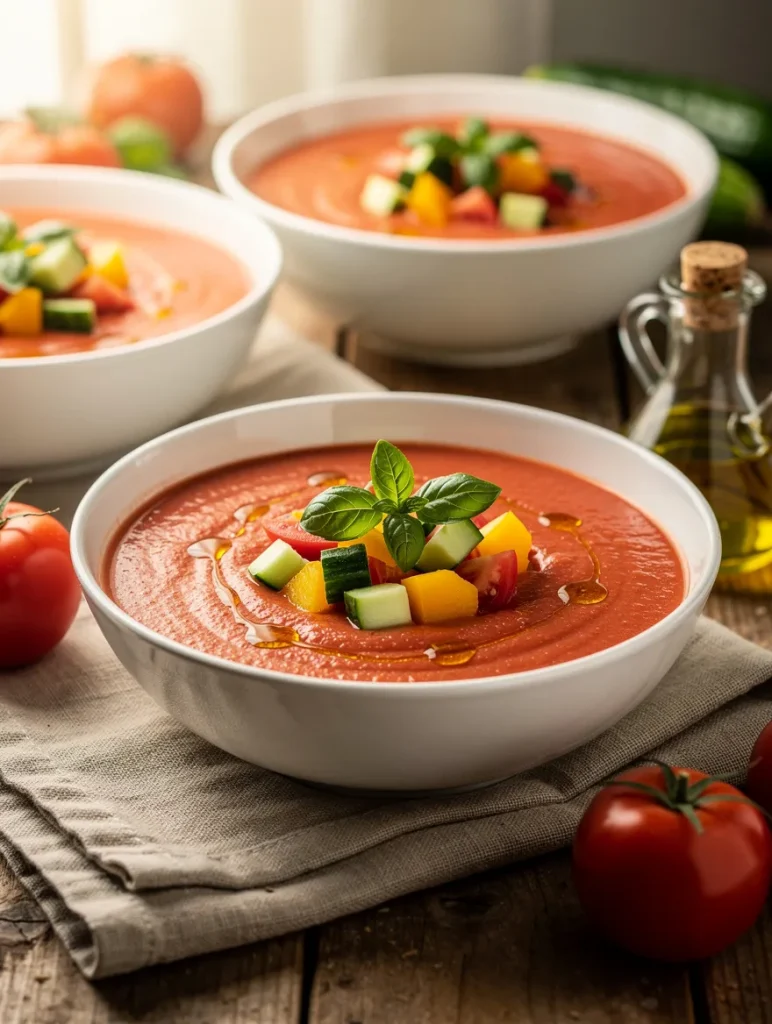 Three bowls of chilled homemade gazpacho topped with diced cucumber, tomatoes, yellow bell peppers, fresh basil, and a drizzle of olive oil.
