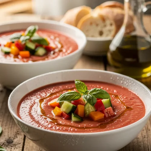Creamy homemade gazpacho served in white bowls and topped with diced cucumber, tomatoes, bell peppers, fresh basil, and a drizzle of olive oil.