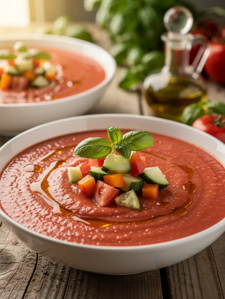 Creamy homemade gazpacho served in white bowls and topped with diced cucumber, tomatoes, bell peppers, fresh basil, and a drizzle of olive oil.