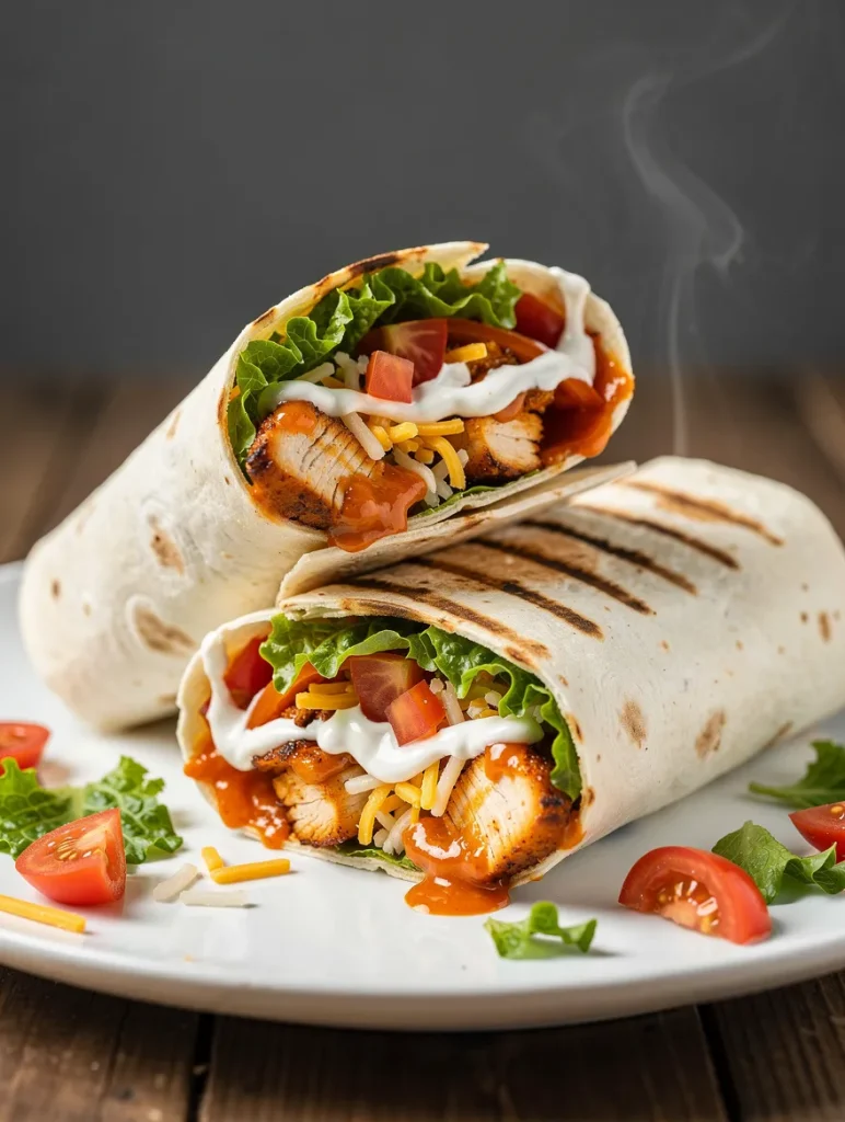 Grilled buffalo chicken wrap with seasoned chicken, lettuce, tomatoes, shredded cheese, buffalo sauce, and ranch dressing served on a white plate.