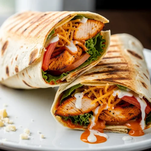 Grilled buffalo chicken wrap with seasoned chicken, lettuce, tomatoes, shredded cheddar cheese, buffalo sauce, and ranch dressing cut in half on a white plate.
