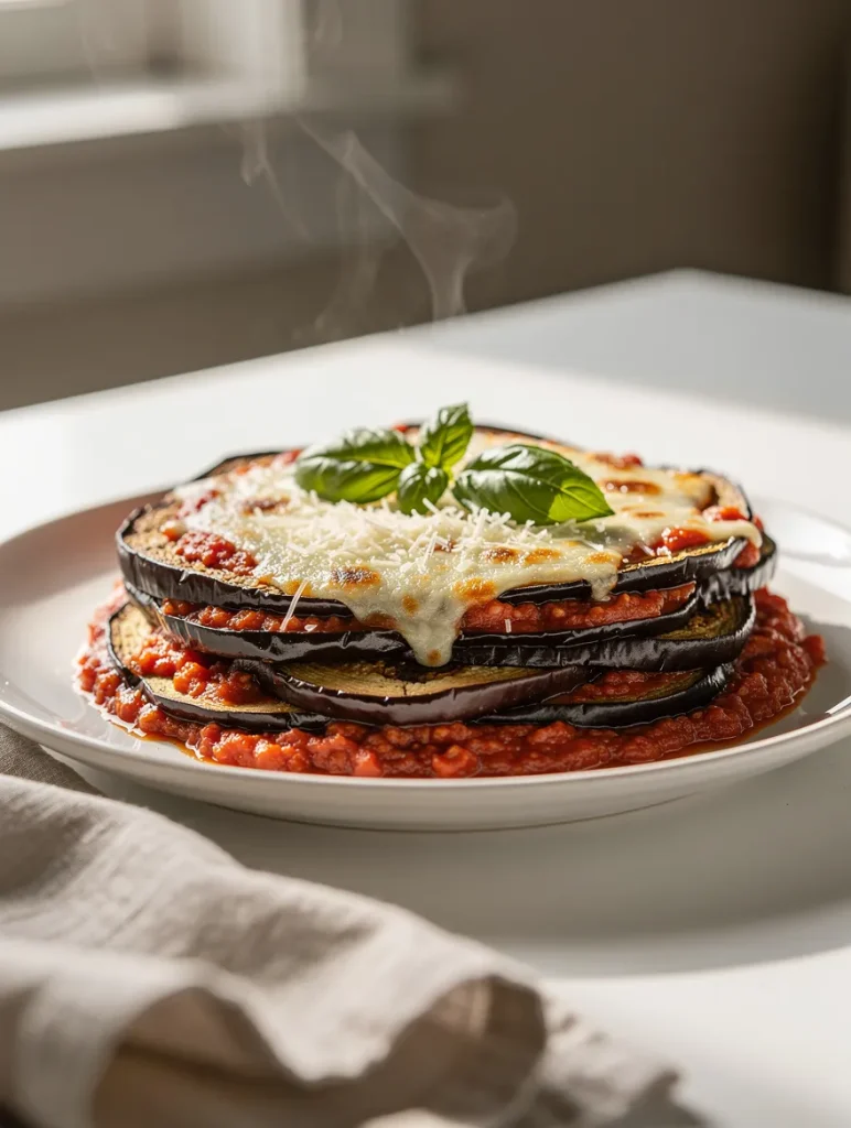 Healthy eggplant Parmesan with roasted eggplant layers, marinara sauce, melted cheese, and fresh basil served on a white plate.