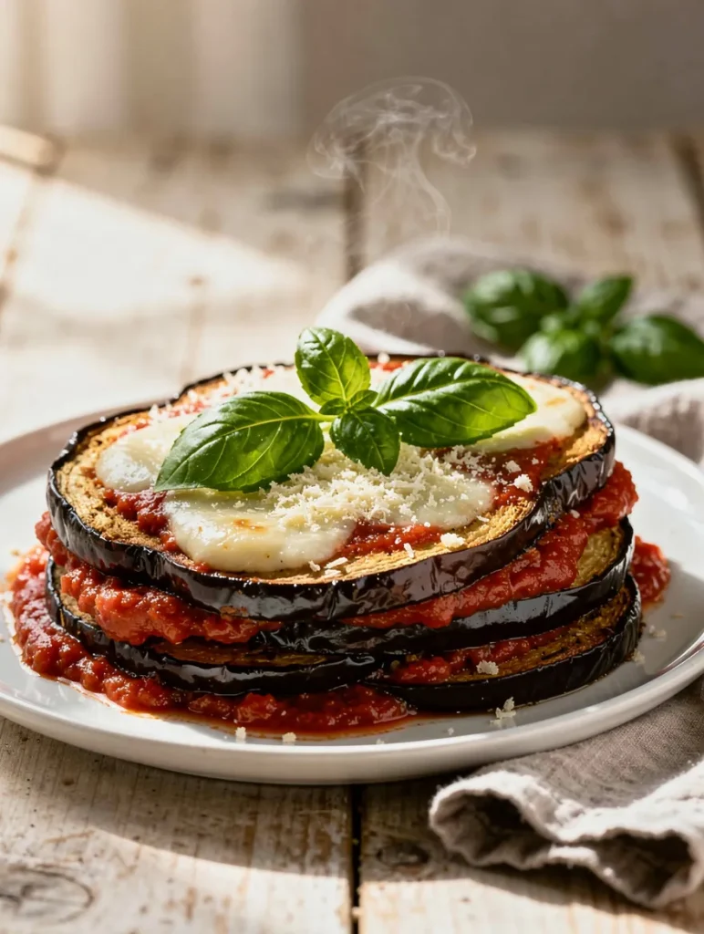 Healthy eggplant Parmesan with roasted eggplant slices, marinara sauce, melted cheese, and fresh basil served on a white plate.