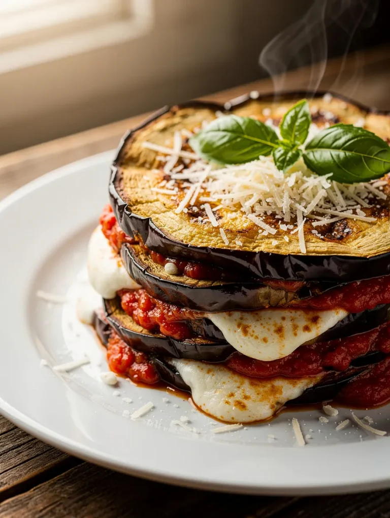 Healthy eggplant Parmesan layered with roasted eggplant slices, marinara sauce, melted cheese, and fresh basil on a white plate.