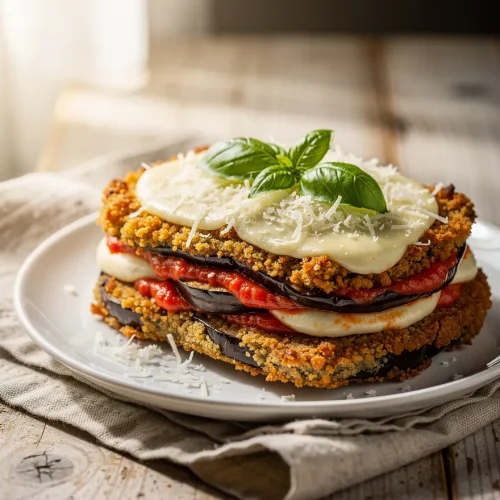 Healthy eggplant Parmesan recipe layered with crispy breaded eggplant, marinara sauce, melted cheese, and fresh basil on a white plate.