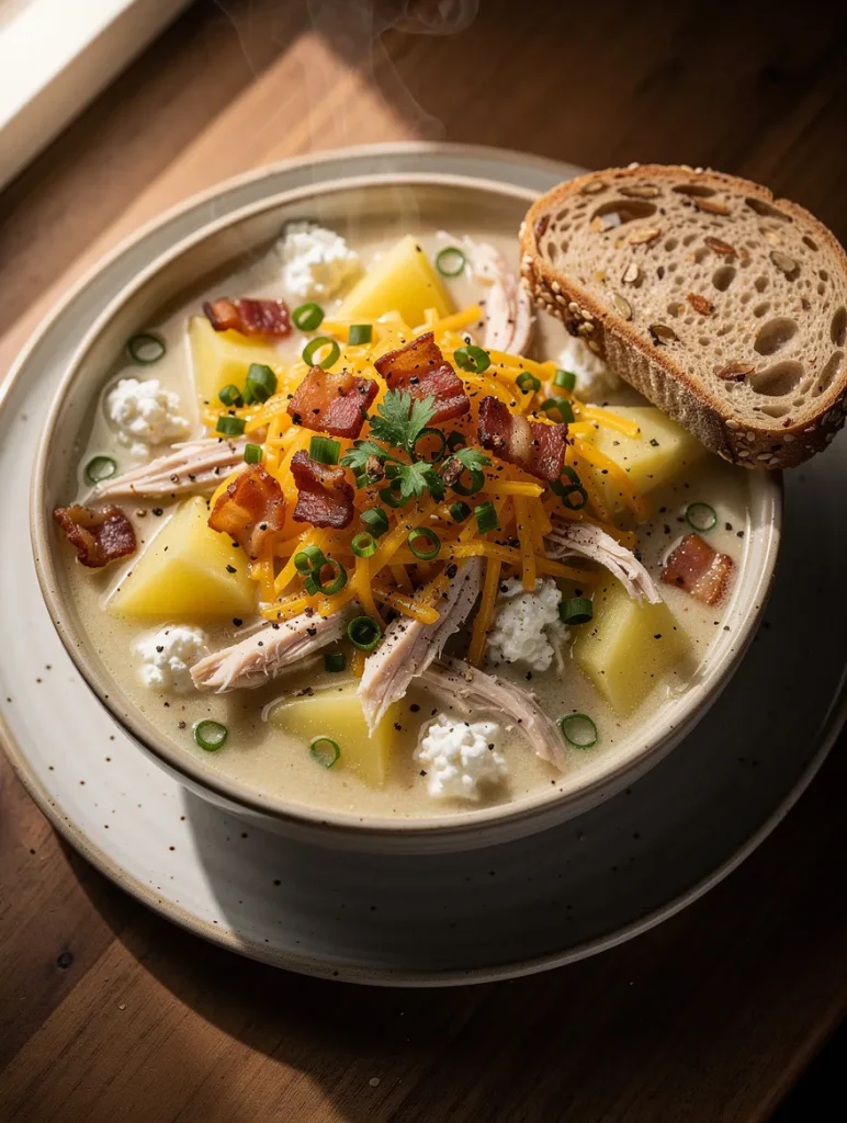 Creamy high-protein potato soup with shredded chicken, potato chunks, cottage cheese, cheddar cheese, crispy bacon, green onions, parsley, and rustic multigrain bread.
