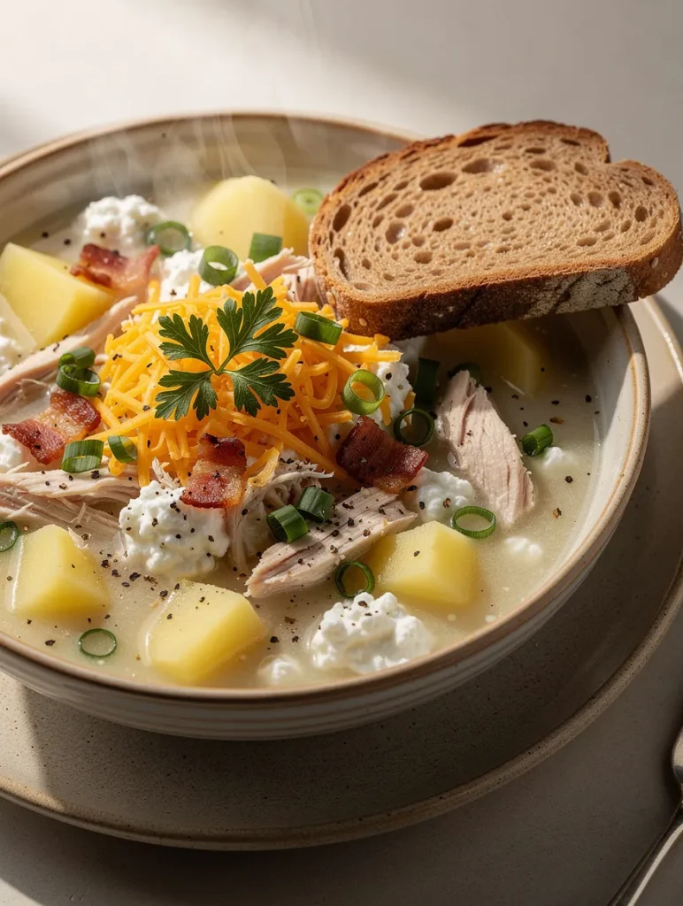 Creamy high-protein potato soup with shredded chicken, potato chunks, cottage cheese, cheddar cheese, crispy bacon, green onions, parsley, and rustic sourdough bread.