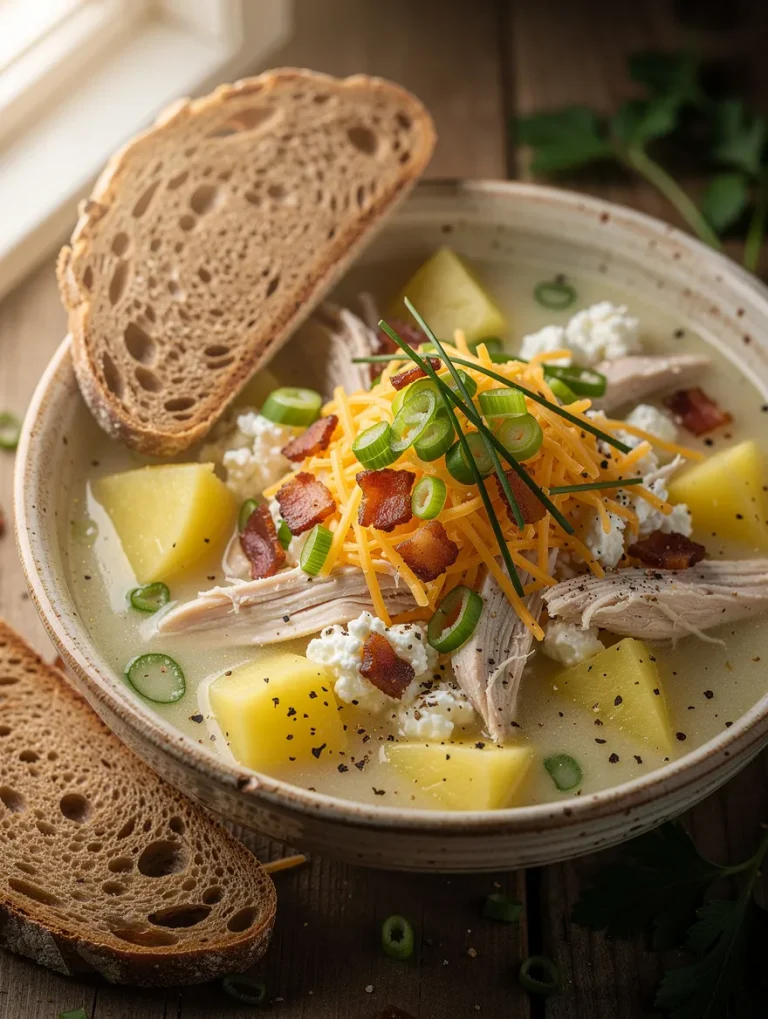 Creamy high-protein potato soup topped with shredded chicken, cheddar cheese, cottage cheese, crispy bacon, green onions, and fresh chives, served with rustic sourdough bread.