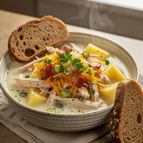 Creamy high-protein potato soup with shredded chicken, potato chunks, cheddar cheese, cottage cheese, crispy bacon, green onions, parsley, and rustic artisan bread.