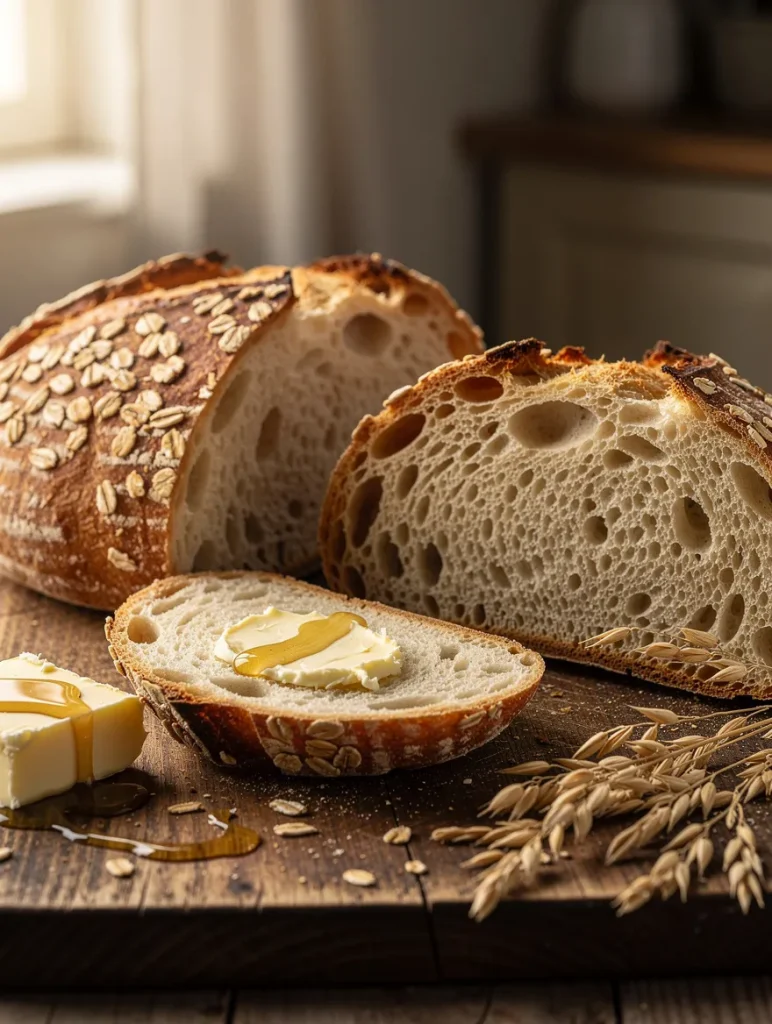 Sliced honey oat sourdough bread with a crisp oat-covered crust and open crumb, served with butter and honey on a rustic wooden table.