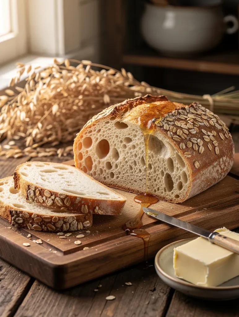 Honey oat sourdough bread with a golden oat-covered crust and open crumb, sliced on a wooden cutting board with butter, honey, and oat stalks.