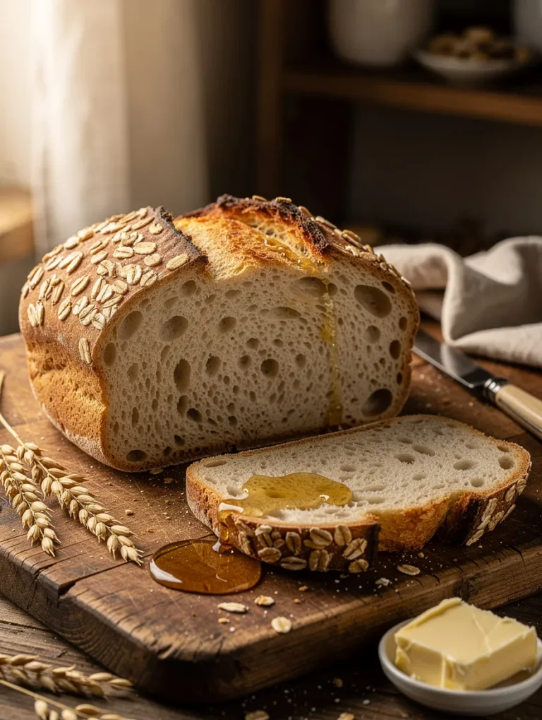 Honey oat sourdough bread loaf with a golden oat-coated crust, sliced to reveal a soft open crumb, served with butter and honey on a rustic wooden board.