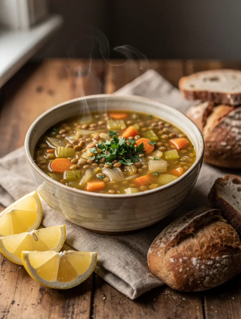 Instant Pot lentil soup with carrots, celery, onions, fresh parsley, lemon wedges, and crusty artisan bread on a rustic wooden table.