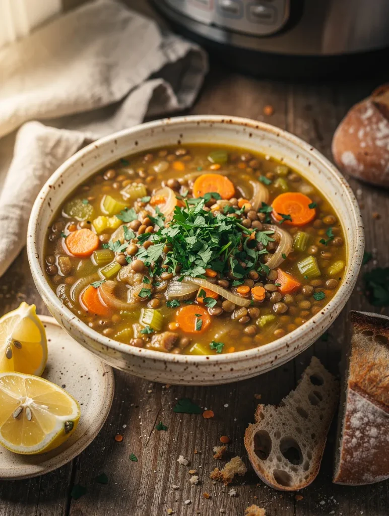 Instant Pot lentil soup with carrots, celery, onions, fresh parsley, lemon wedges, and rustic bread served on a wooden table.