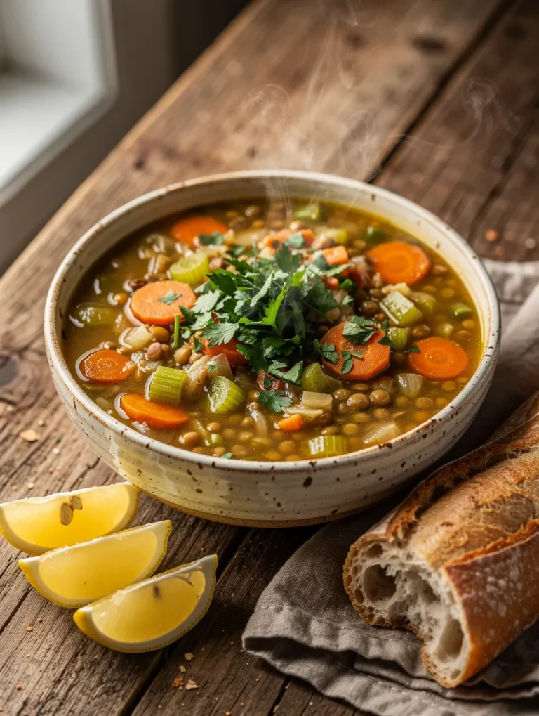 Instant Pot lentil soup served in a rustic bowl with carrots, celery, onions, fresh parsley, lemon wedges, and crusty bread.