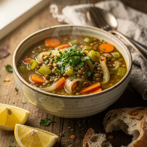 Steaming Instant Pot lentil soup with carrots, celery, onions, fresh parsley, lemon wedges, and crusty bread on a rustic wooden table.