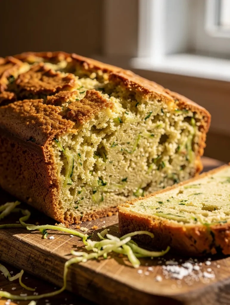 Close-up of keto zucchini bread sliced on a wooden cutting board, showing a moist low-carb crumb filled with fresh shredded zucchini.