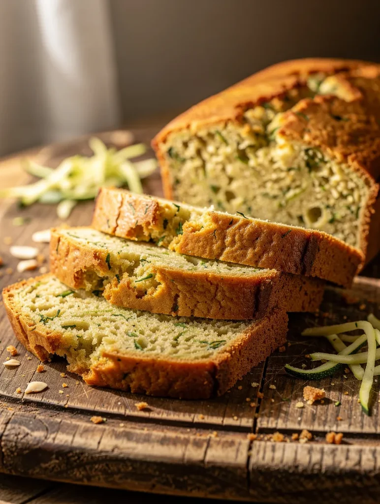 Sliced keto zucchini bread arranged on a rustic wooden board, showing a moist low-carb texture with shredded zucchini throughout.