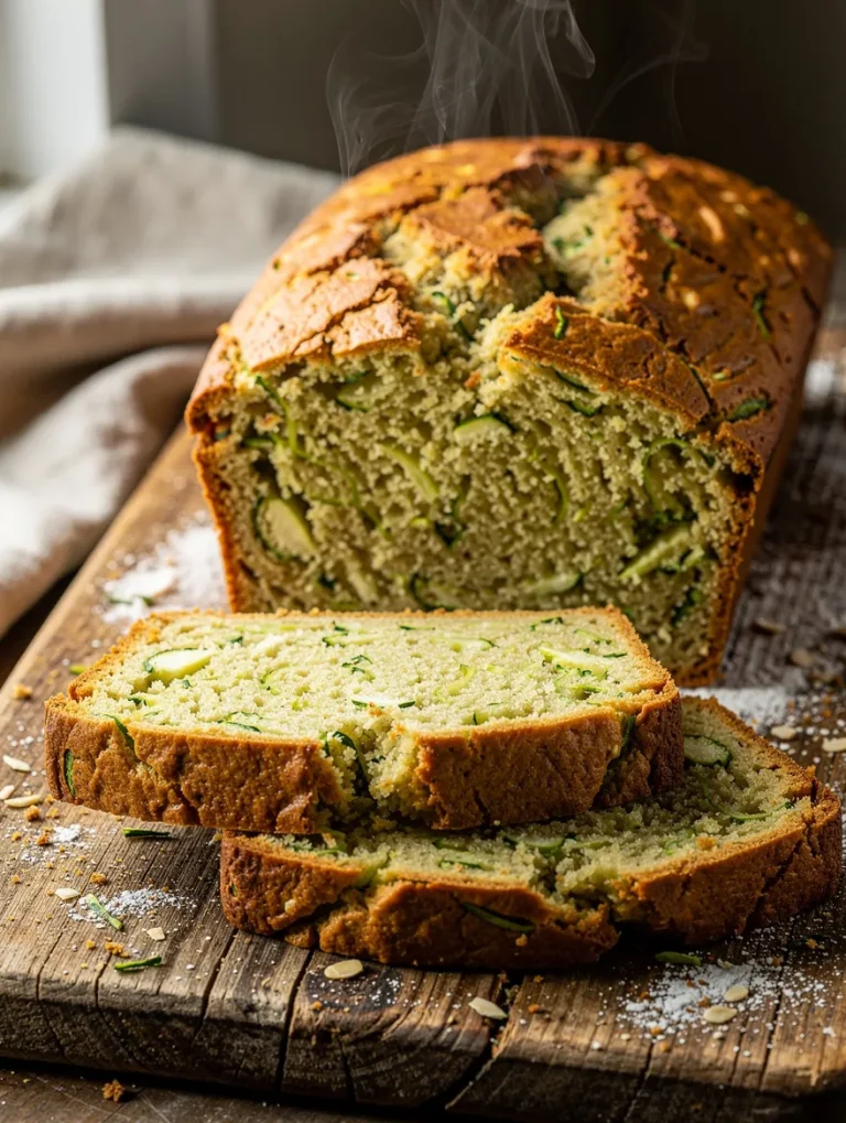 Keto zucchini bread loaf sliced on a rustic wooden board, showing a moist crumb packed with shredded zucchini and low-carb ingredients.