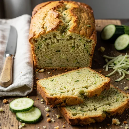 Keto zucchini bread loaf with sliced pieces on a rustic wooden board, featuring a moist low-carb crumb packed with fresh shredded zucchini.