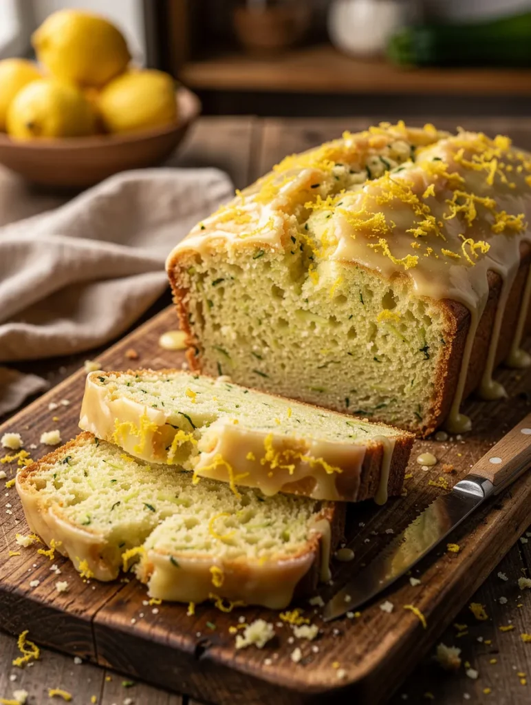 Glazed lemon zucchini bread sliced on a wooden cutting board, topped with fresh lemon zest and a sweet lemon icing.