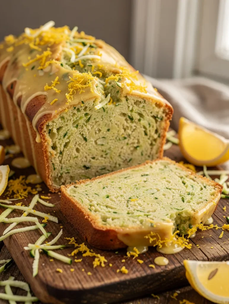 Lemon zucchini bread with lemon glaze and fresh zest, sliced on a rustic wooden board with visible zucchini throughout the moist crumb.
