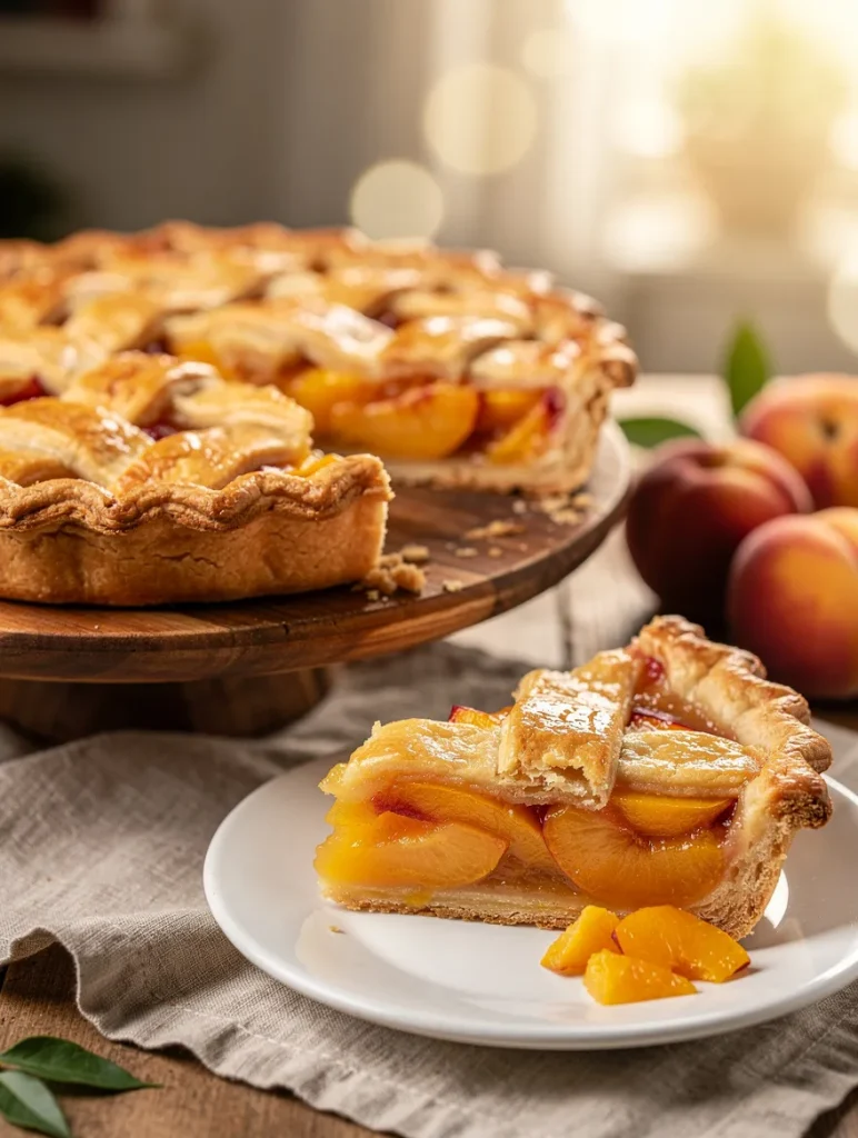 Slice of Nectarine Pie with flaky lattice crust and juicy nectarine filling served on a white plate.