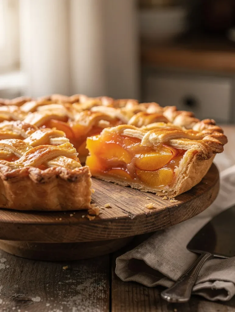 Homemade Nectarine Pie with a flaky lattice crust and juicy nectarine filling on a rustic wooden stand.