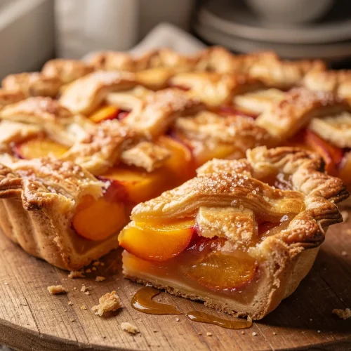 Nectarine Pie recipe with a flaky lattice crust and juicy nectarine filling served on a rustic wooden board.