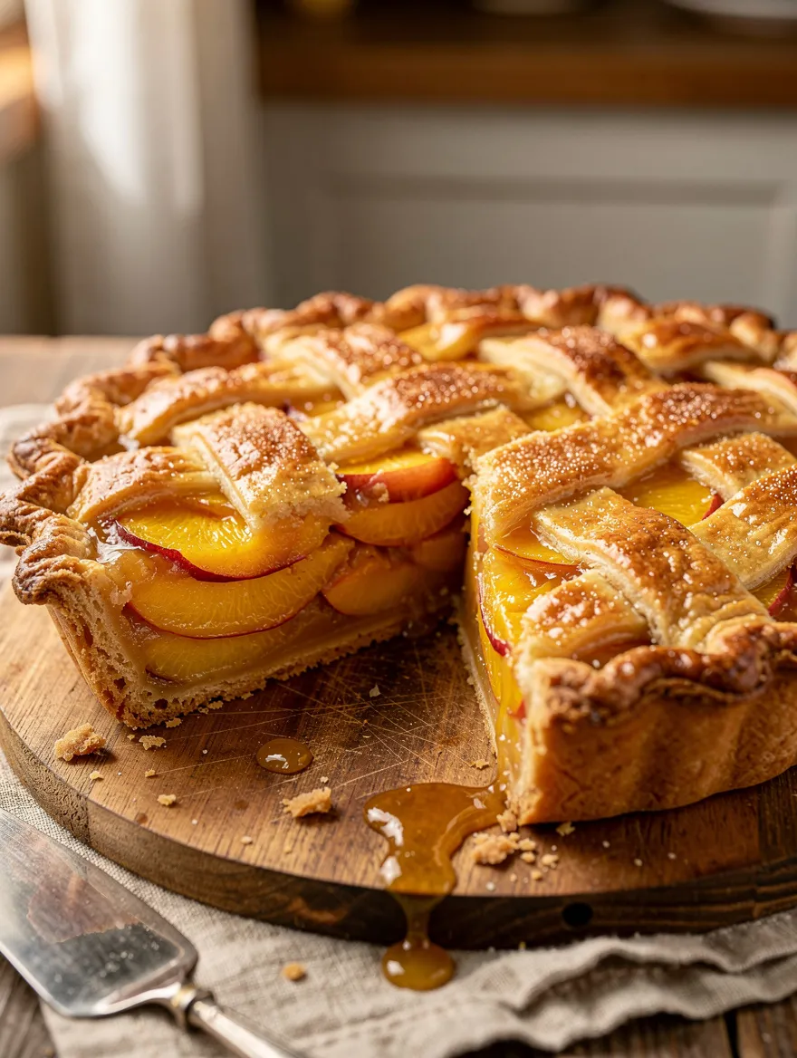 Nectarine Pie with a flaky lattice crust and juicy nectarine filling on a wooden serving board.