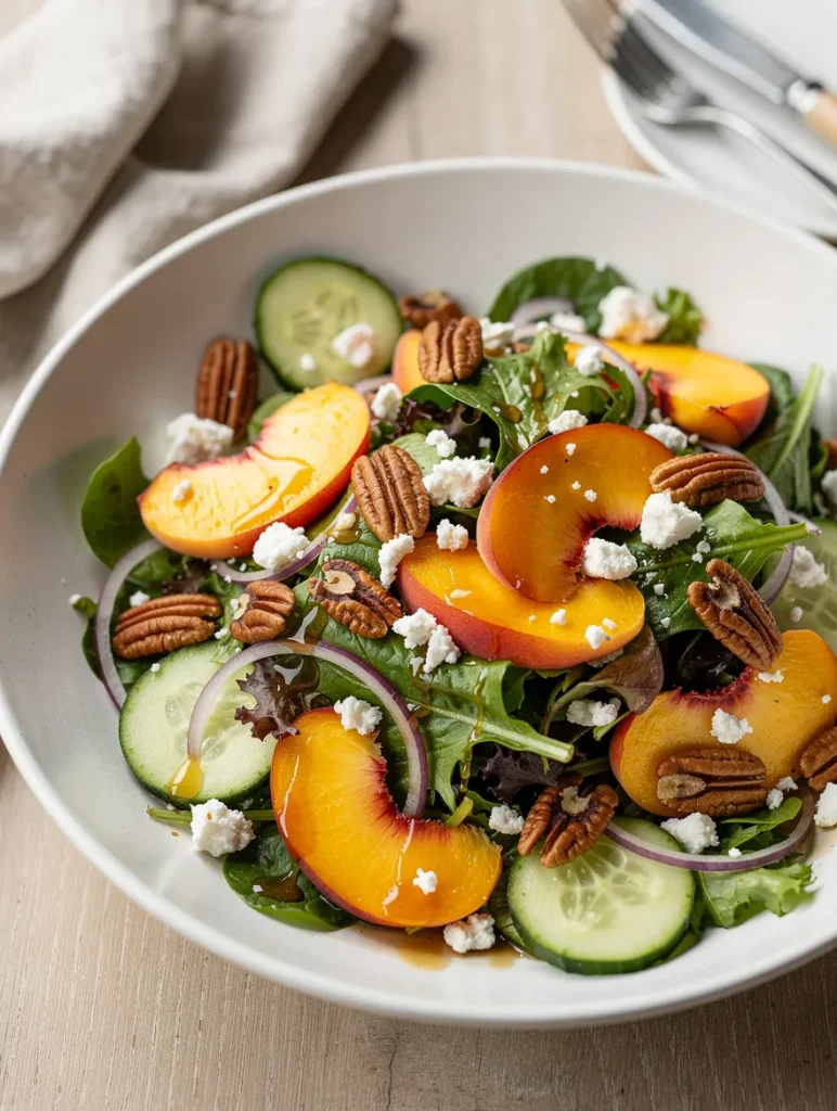 Nectarine Salad with mixed greens, cucumber, goat cheese, pecans, and red onion in a white bowl.