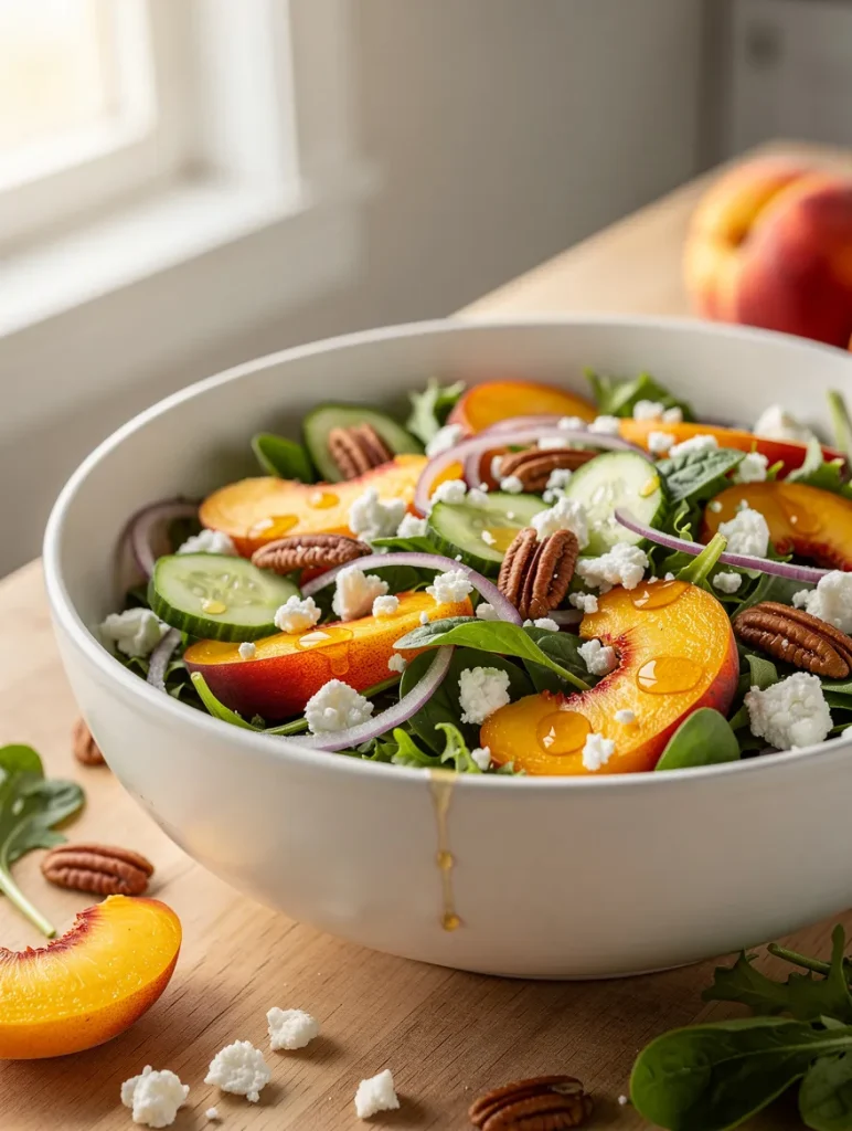 Nectarine salad with mixed greens, cucumber, goat cheese, pecans, and red onion in a white serving bowl.