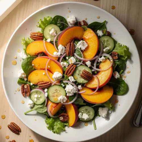 Overhead view of nectarine salad with mixed greens, cucumber, goat cheese, pecans, and red onion drizzled with honey vinaigrette.