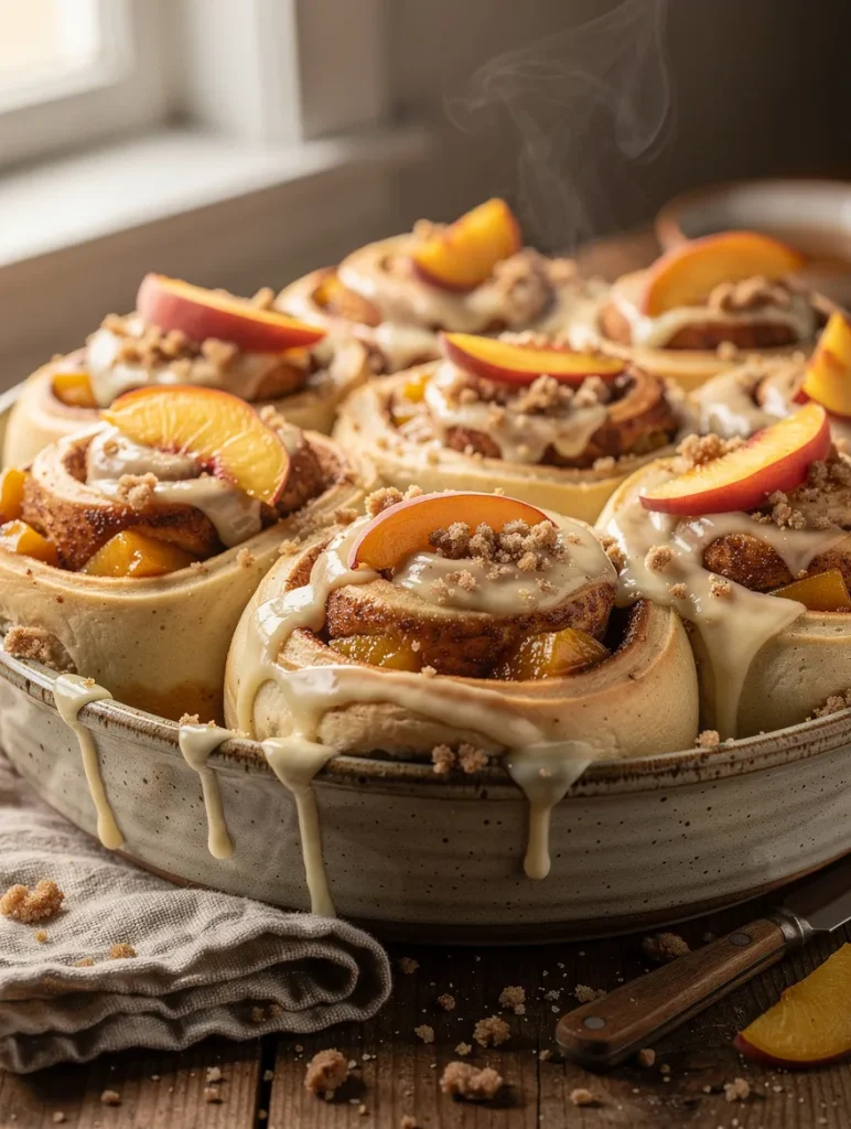 Fresh peach cobbler cinnamon rolls topped with cream cheese glaze, peach slices, and buttery crumble in a rustic baking dish.