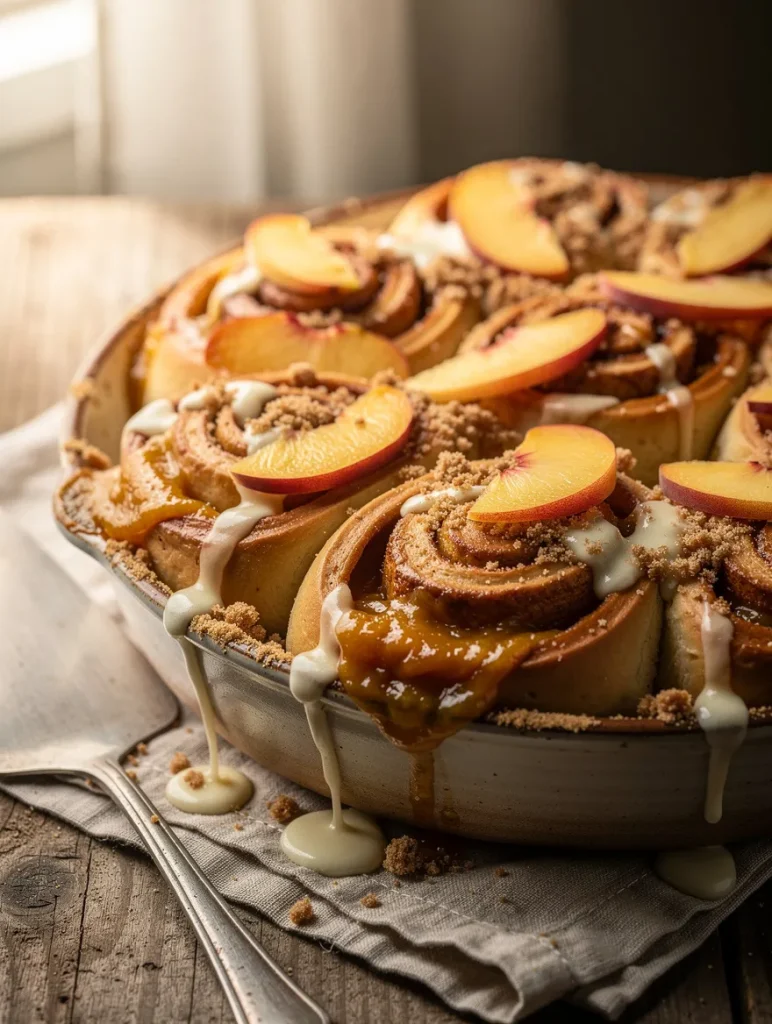 Peach cobbler cinnamon rolls topped with cream cheese glaze, fresh peach slices, and crumble in a rustic baking pan.