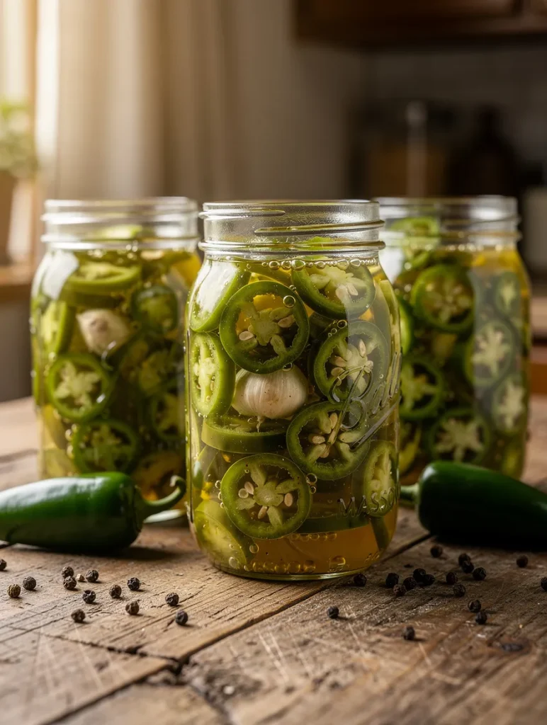 Mason jars filled with homemade pickled jalapeño slices, garlic cloves, and brine, surrounded by fresh jalapeños and black peppercorns on a rustic wooden table.