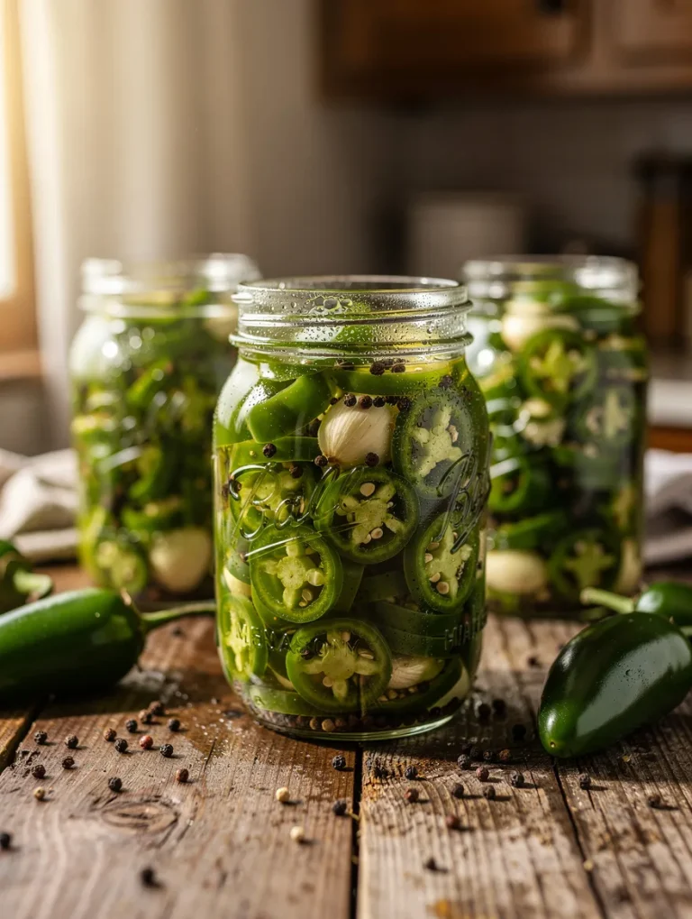 Glass jars filled with homemade pickled jalapeños, sliced green peppers, garlic cloves, and peppercorns arranged on a rustic wooden table.