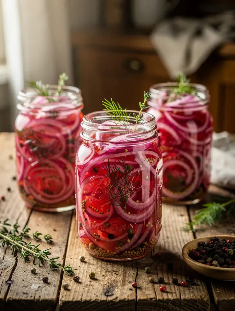 Three mason jars filled with homemade pickled red onions in vibrant pink brine, garnished with fresh dill and herbs, arranged on a rustic wooden table with mixed peppercorns.