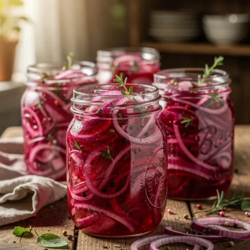Several mason jars filled with homemade pickled red onions in vibrant pink brine, garnished with rosemary sprigs and surrounded by onion rings and mixed peppercorns on a rustic wooden table.