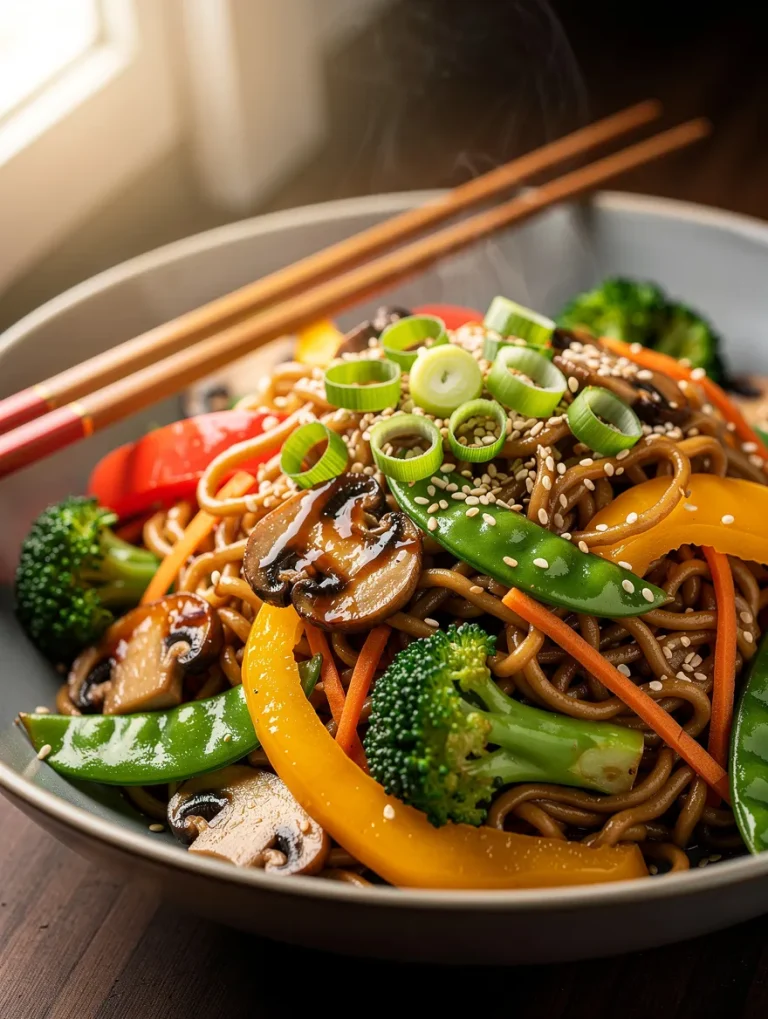 Ramen noodle stir fry with broccoli, snap peas, mushrooms, bell peppers, carrots, and sesame seeds in a savory sauce, garnished with green onions.