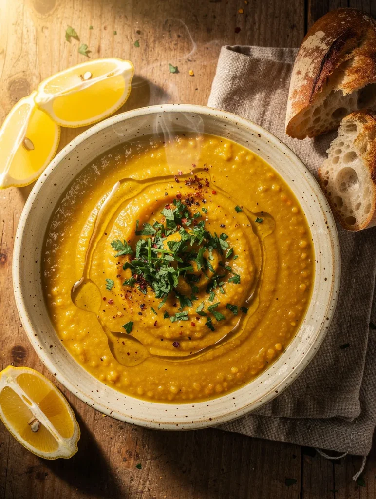 Overhead view of creamy red lentil soup topped with fresh parsley, olive oil, and spices, served with lemon wedges and crusty bread.