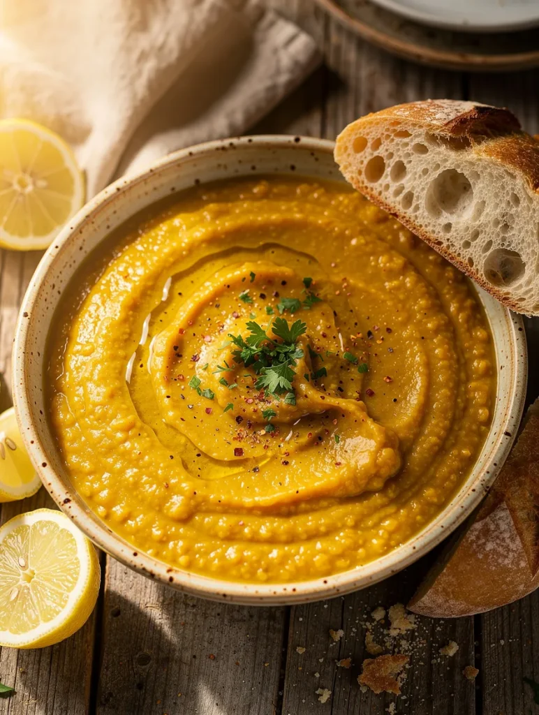 Creamy homemade red lentil soup garnished with parsley, olive oil, and spices, served with lemon slices and rustic crusty bread.