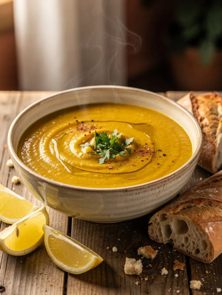 Creamy red lentil soup served in a rustic bowl with olive oil, fresh herbs, lemon wedges, and crusty bread on a wooden table.