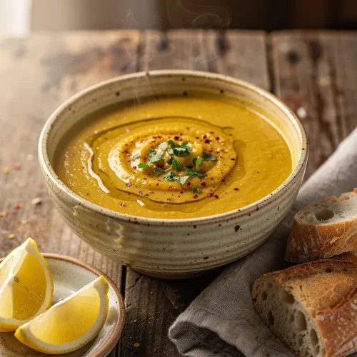 Steaming bowl of creamy red lentil soup garnished with parsley, olive oil, and spices, served with lemon wedges and crusty bread.